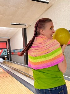 Kelly wearing Good Day shawl while bowling