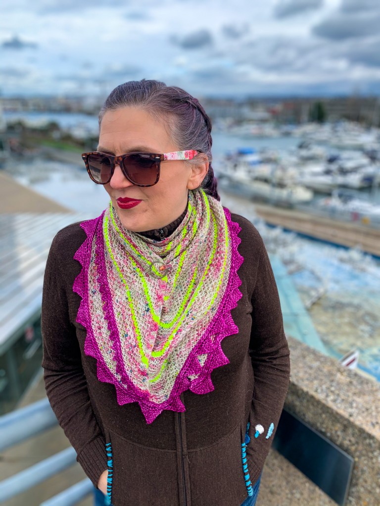 Love Frenzy shawl wrapped with tails in front